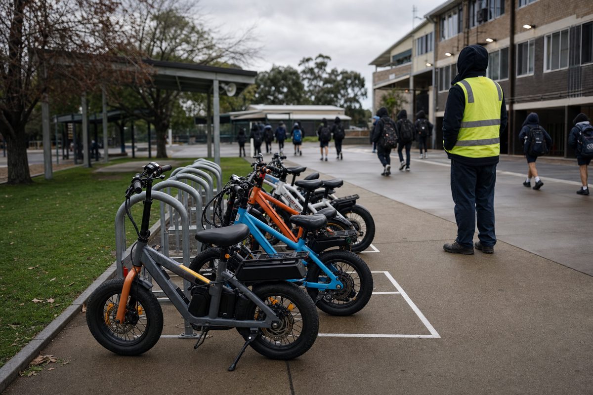 News-style photograph of several children’s electric bicycles parked in neat marked bays outside a school, staff member in a high-visibility vest supervising.