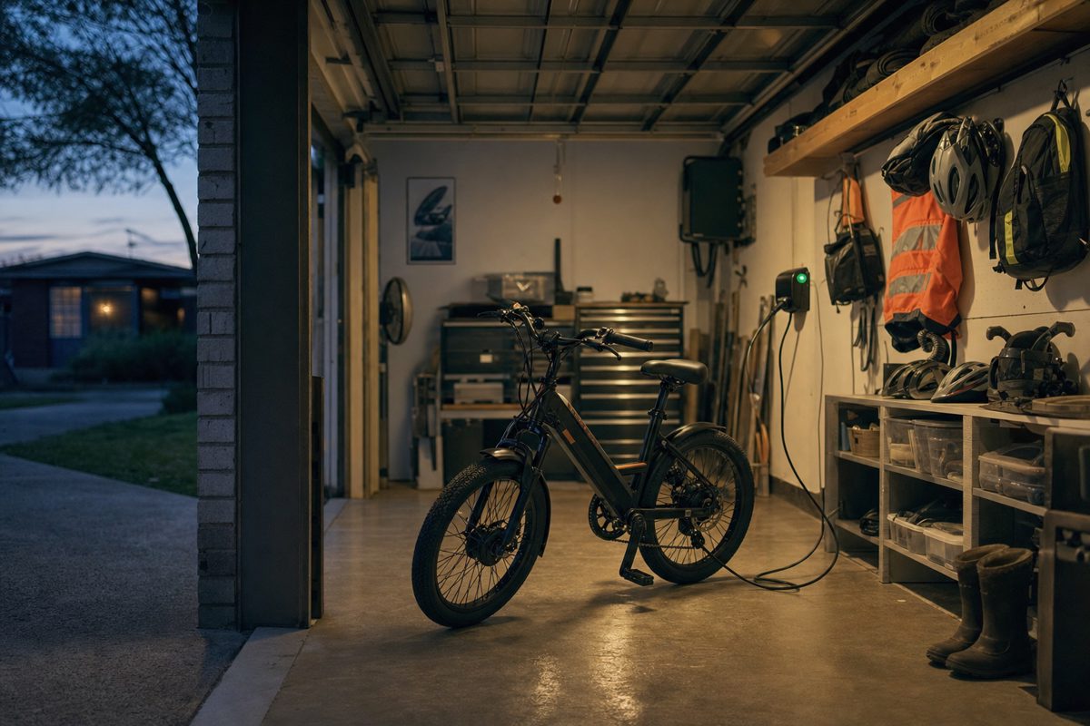 Realistic press photograph of a family garage at dusk arranged like a tiny vehicle hangar, one child-sized electric bicycle connected to a charger, safety.