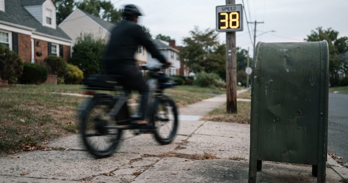 A suburban sidewalk viewed from a low angle, showing a heavily motion-blurred bicycle zooming past a slightly dented metal mailbox. A municipal radar speed.