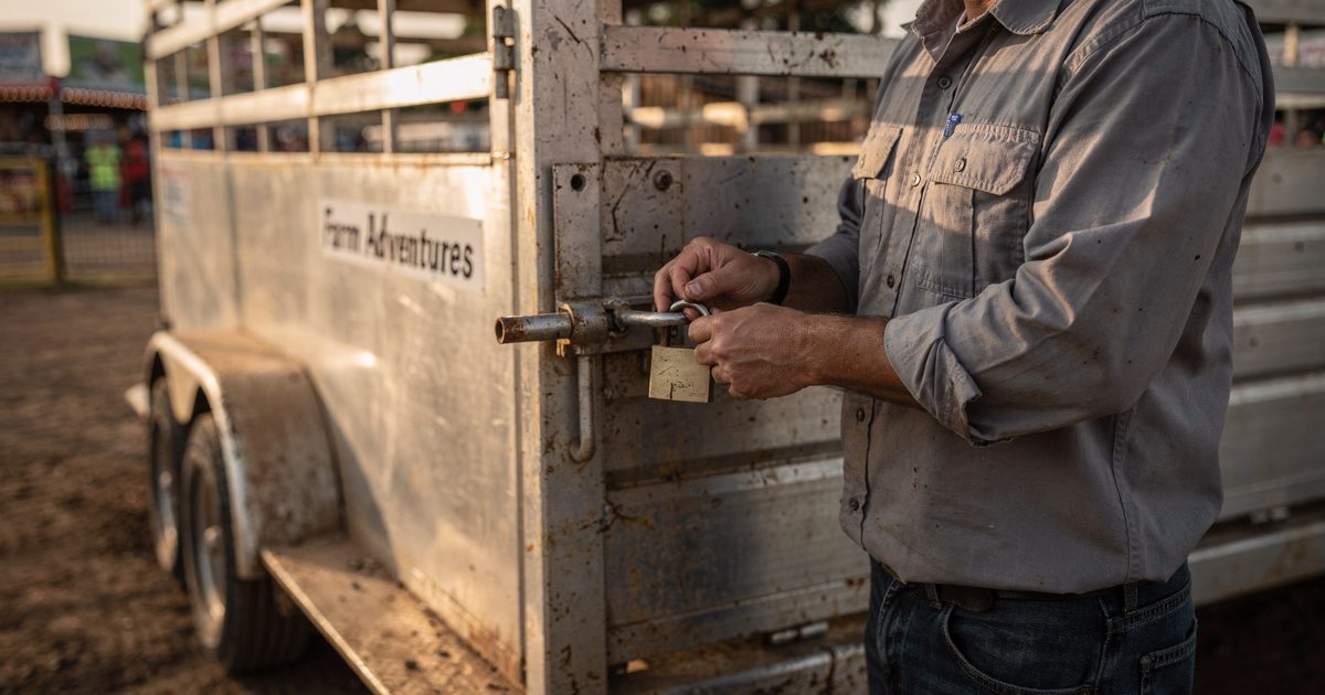Late-day sun on a county-fair livestock trailer as a handler framed from the chest down threads a padlock through a steel hasp beside the painted name "Farm.