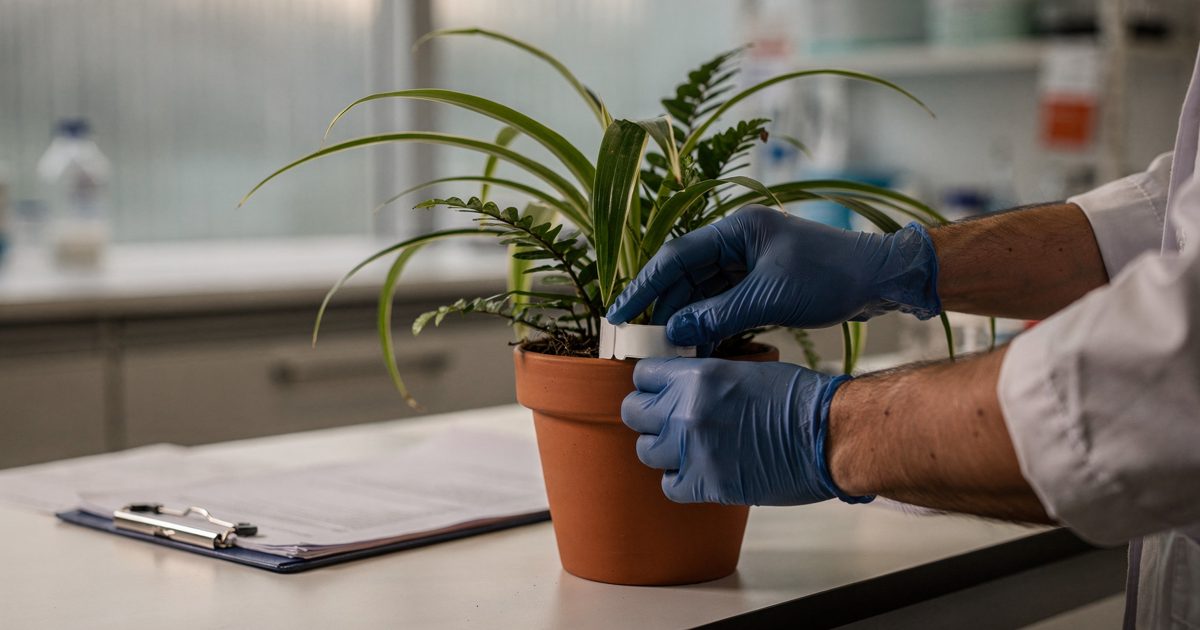 Close detail on a white lab bench in late-afternoon window light, a nitrile-gloved hand fastening a hospital patient wristband around the clay pot of a leafy.
