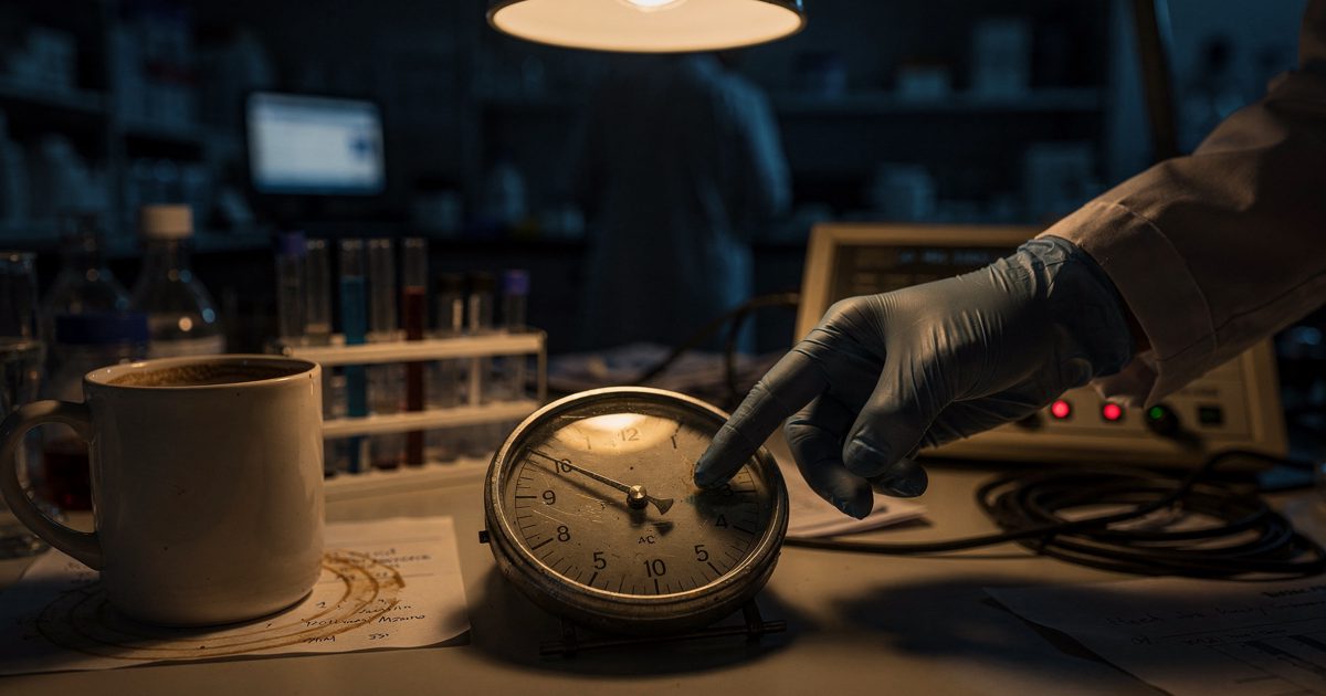 Close detail at night on a cluttered university lab bench lit only by a single desk lamp, a gloved fingertip tapping the glass face of an old analog needle.