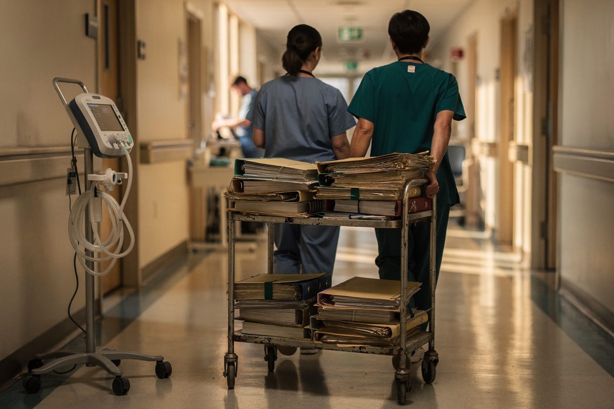 Wide shot in warm late-afternoon light down a hospital corridor, two nurses seen from the waist up walking away with a metal cart stacked with court briefs, a.