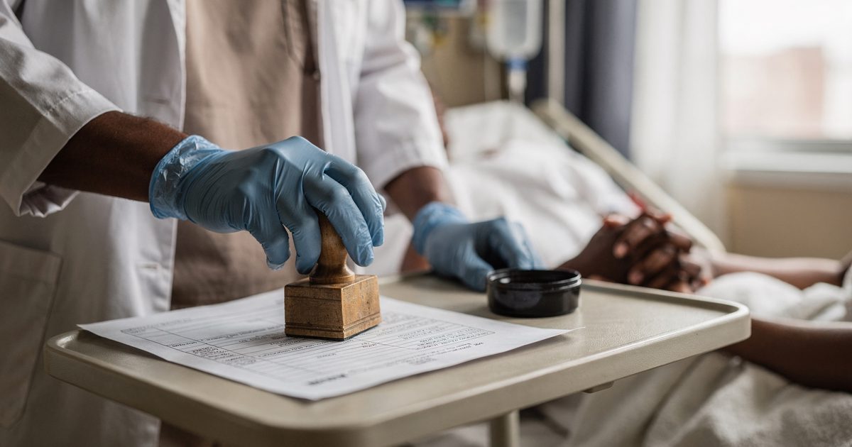 Close on a clinician’s hands pressing a rubber stamp onto a paper chart in a maternity recovery room in bright late-morning window light, a patient’s clasped.