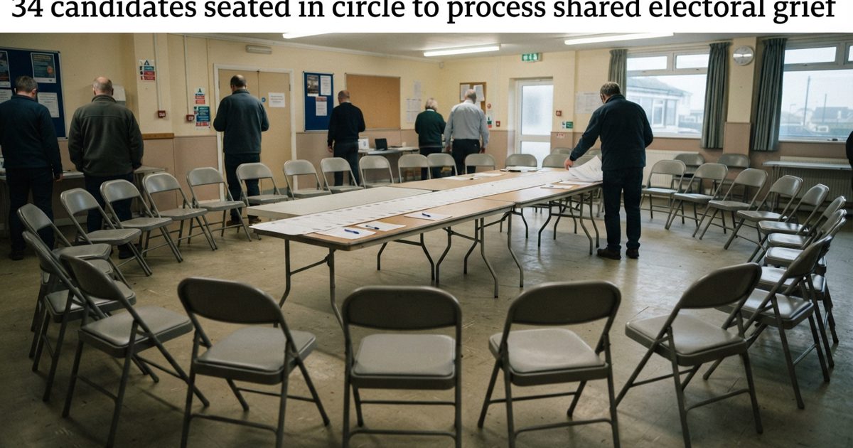 A documentary-style press photograph inside a modest seaside-town community hall, showing rows of empty folding chairs arranged in a circle around a long.