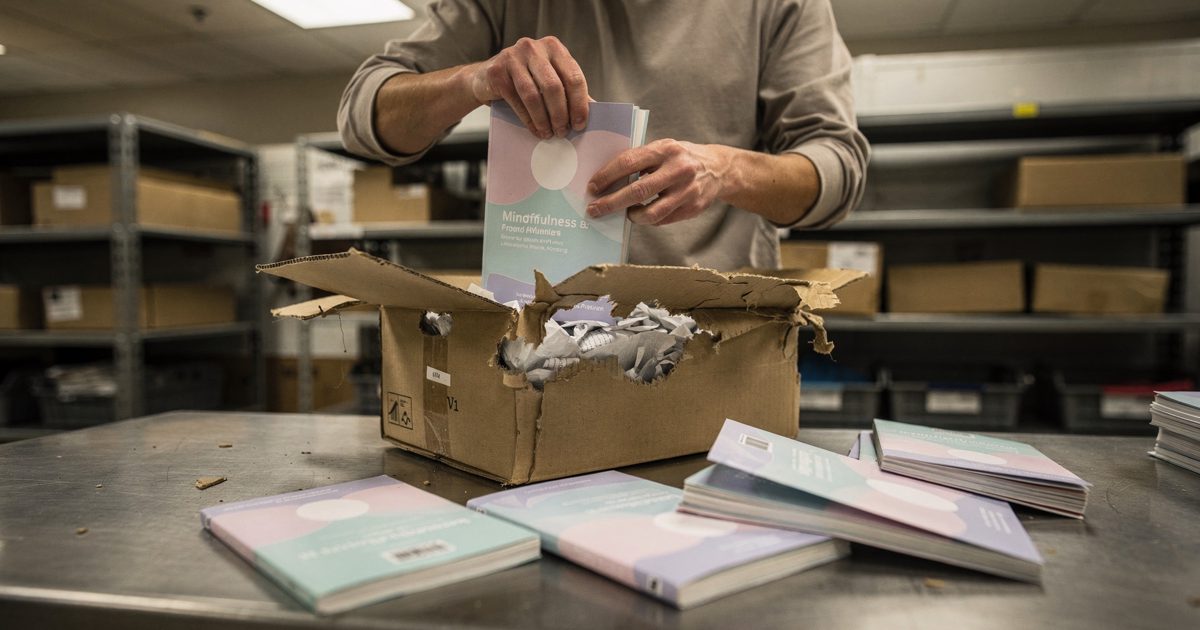 Harsh fluorescent lighting in a windowless federal mailroom as a clerk's bare hands pull a pastel-colored mindfulness workbook from a slashed cardboard.