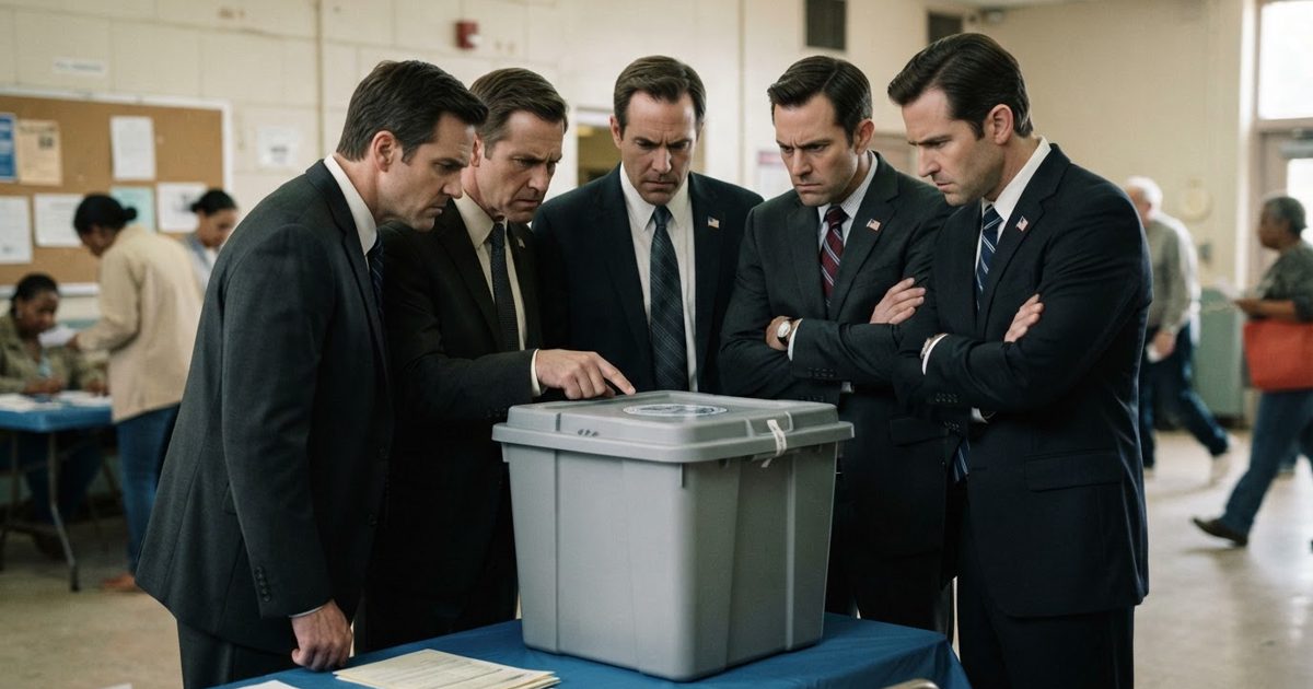 A group of extremely serious, tense-looking men wearing conservative dark suits and American flag lapel pins, standing in a circle and looking with intense.