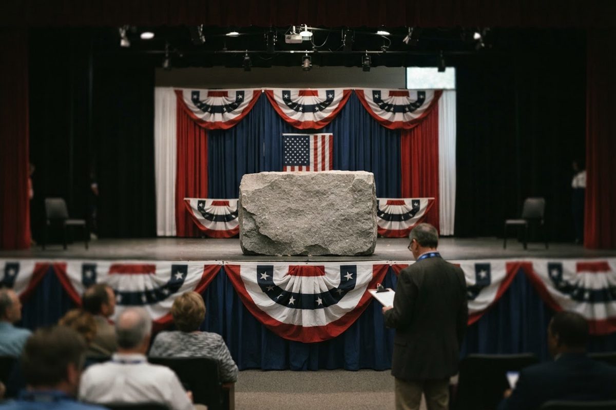 An empty political debate stage draped in heavy red, white, and blue bunting, where both candidates' podiums have been completely removed and replaced by a.