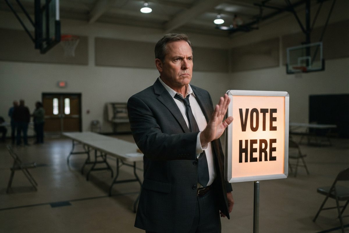 A dramatic, low-angle shot of a glowing 'VOTE HERE' sign in a desolate gymnasium, with a stern-looking man in a suit standing next to it, holding his hand up.