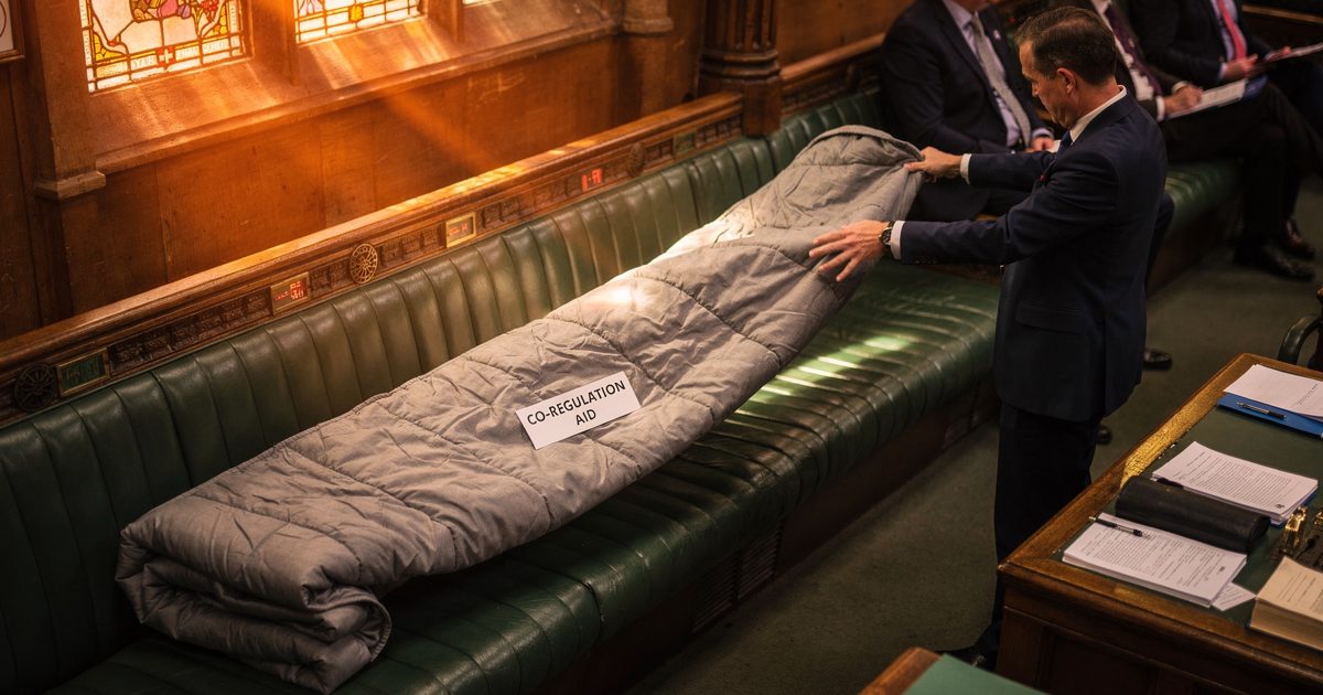 Overhead in the Commons chamber in low orange sun through stained glass, a suited figure seen from above spreads a grey weighted blanket along a green leather.