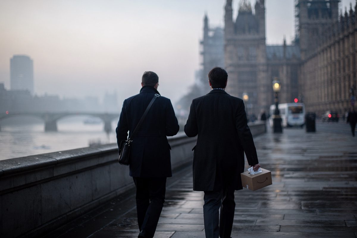 Wide dawn along the Thames terrace of the Palace of Westminster, two figures walking toward the building in thin river mist, one holding a tissue box at their.
