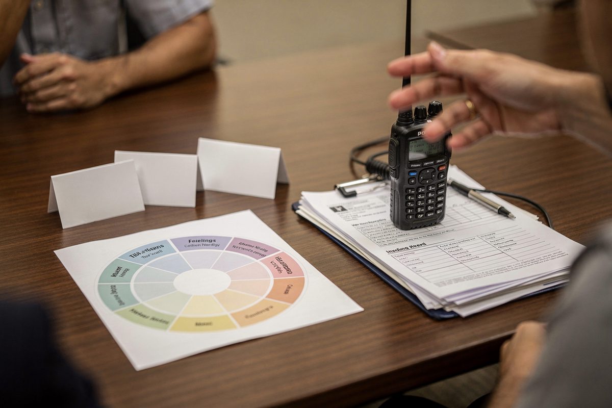 Overhead detail on a budget-hotel conference table of three name cards face down, a feelings wheel printed on card, and a police radio resting on a stack of.