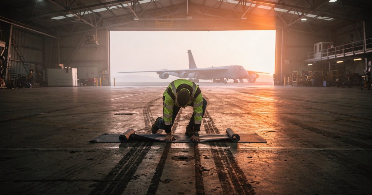 Medium shot inside a vast open hangar at an English airfield just after sunrise, pink light cutting across the oil-stained floor through the open doors, a.