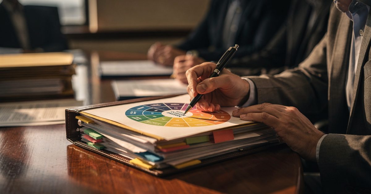 Close late-afternoon window light on a government conference table where a facilitator's hands rest a printed emotion-wheel card on a thick legal binder.