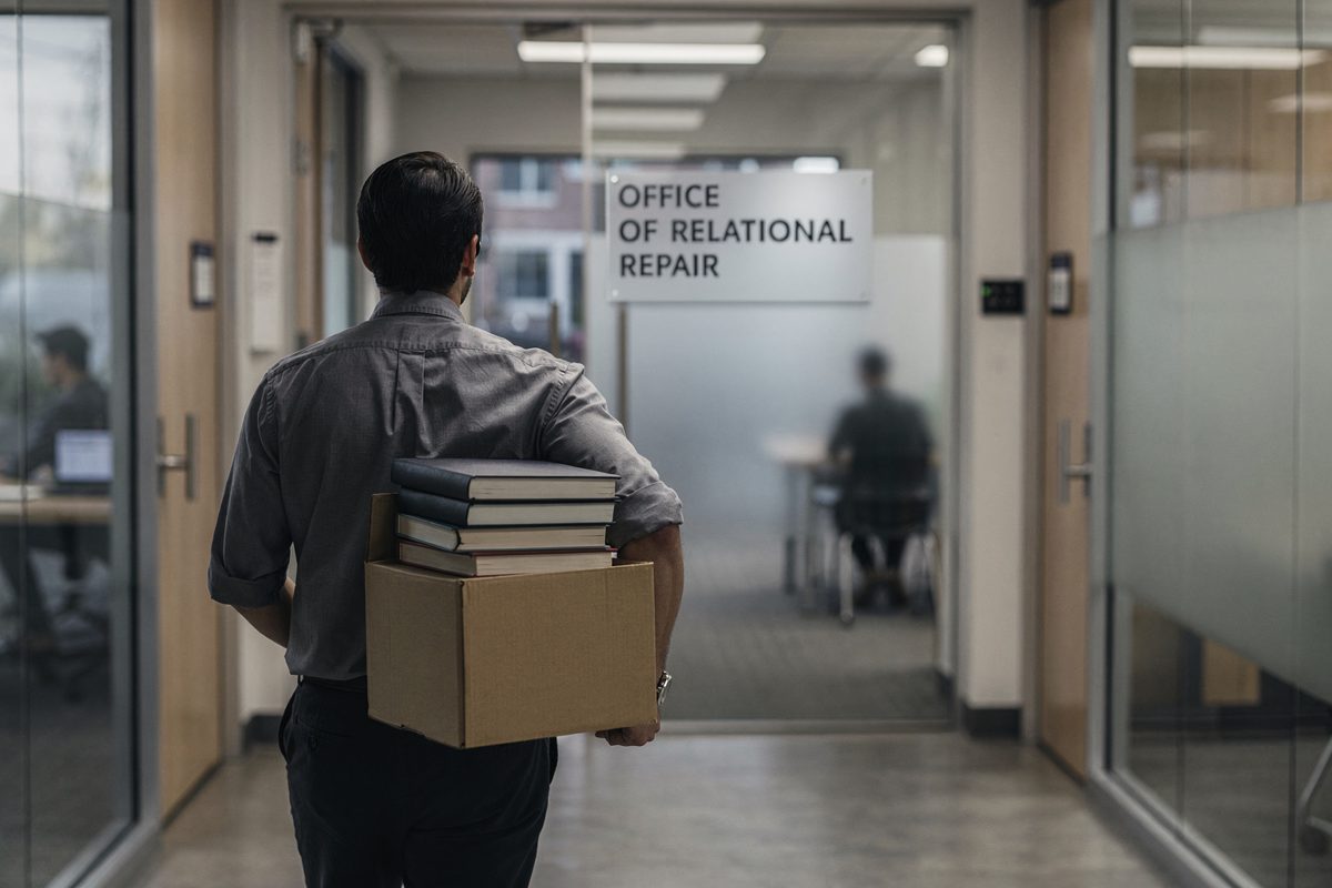 Wide morning view down a Silicon Valley office corridor as a worker seen from behind carries a box of blank hardcover journals toward a glass door with a.