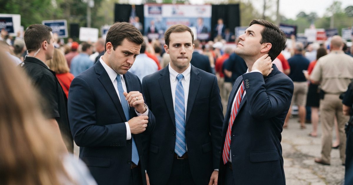 A tight shot of three indistinguishable men in navy suits standing awkwardly near each other at a brightly lit outdoor campaign event, avoiding eye contact and.