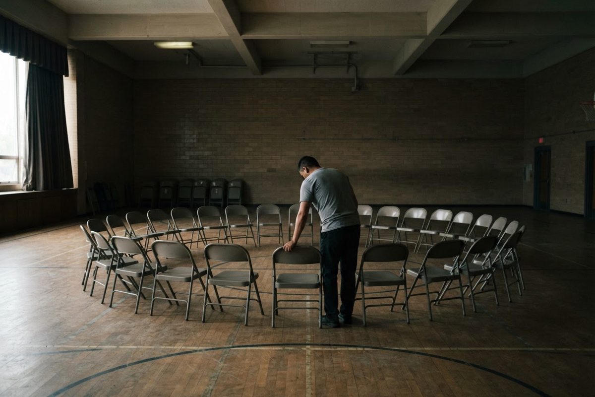 A lone campaign worker in an empty, dimly lit community center gym, meticulously setting up metal folding chairs in a perfectly symmetrical circle.