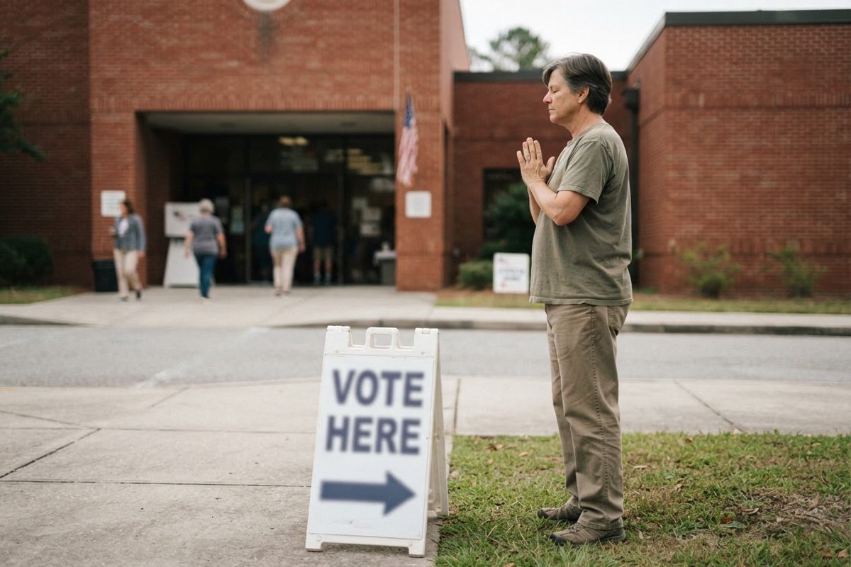 A voter standing on the sidewalk outside a brick polling place building, their eyes peacefully closed and hands pressed together near their chest, appearing to.