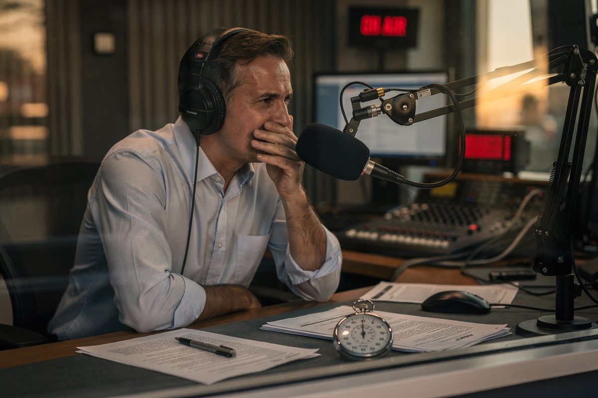 Mid shot through the double glass of a radio studio in low late-afternoon sun, a host in profile pressing a hand over his own mouth mid-sentence, the boom.