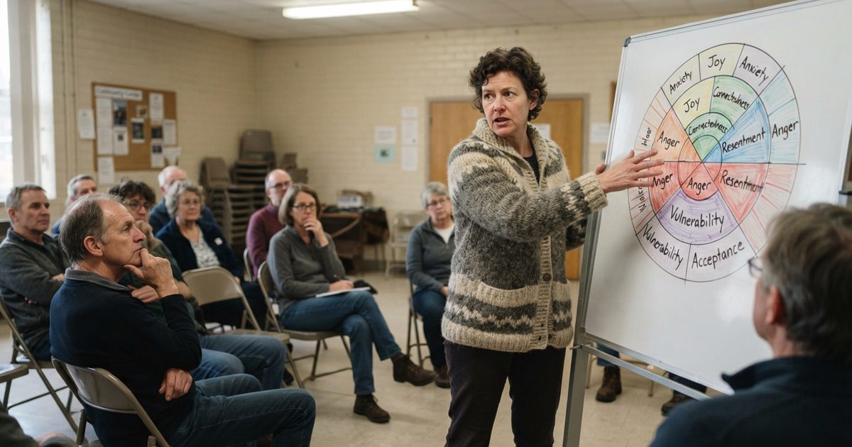 A serious-looking meeting in a brightly lit community center where a person in a chunky hand-knit cardigan earnestly gestures towards a white board that.