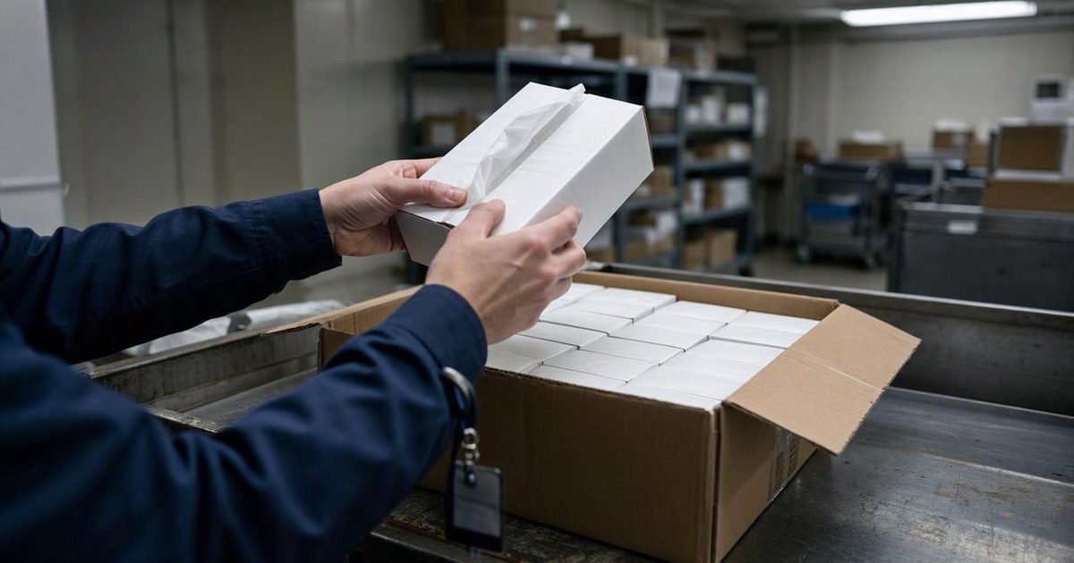 Close-up of a staffer's hands lifting a white tissue box from an open cardboard carton on a steel mail-sorting table in a Capitol basement mailroom under harsh.