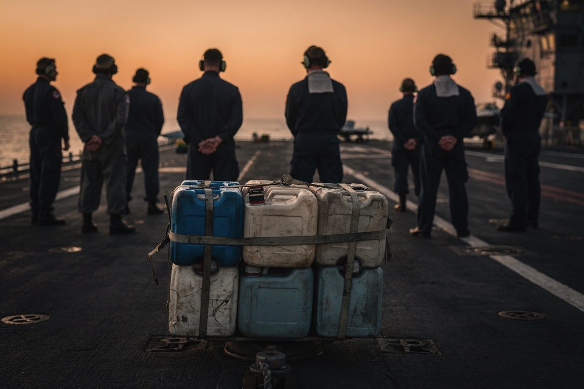 Wide shot from behind of a loose group of sailors in working uniform standing on a carrier flight deck at deep orange dusk, a stack of empty plastic water.