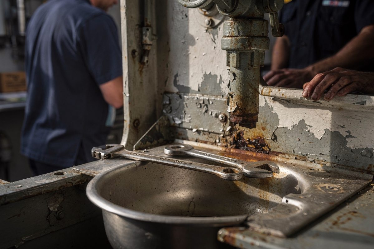 Tight detail of a wrench resting on the rim of a dry stainless scullery sink aboard ship, hard morning daylight spilling through an open hatch onto peeling.