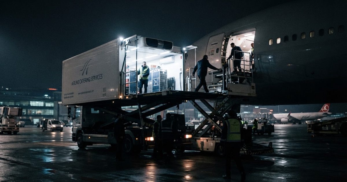 A brightly lit, sterile catering truck parked on a dark tarmac at night, its loading ramp extending upward toward the open door of a massive, shadowed.