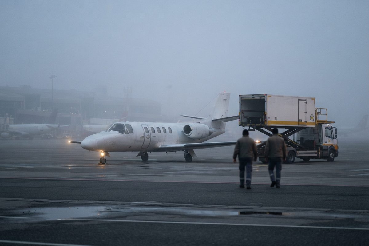 A small, unmarked jet idling on an airport runway at dawn, surrounded by heavy fog, with no military markings visible, conveying a sense of quiet isolation.