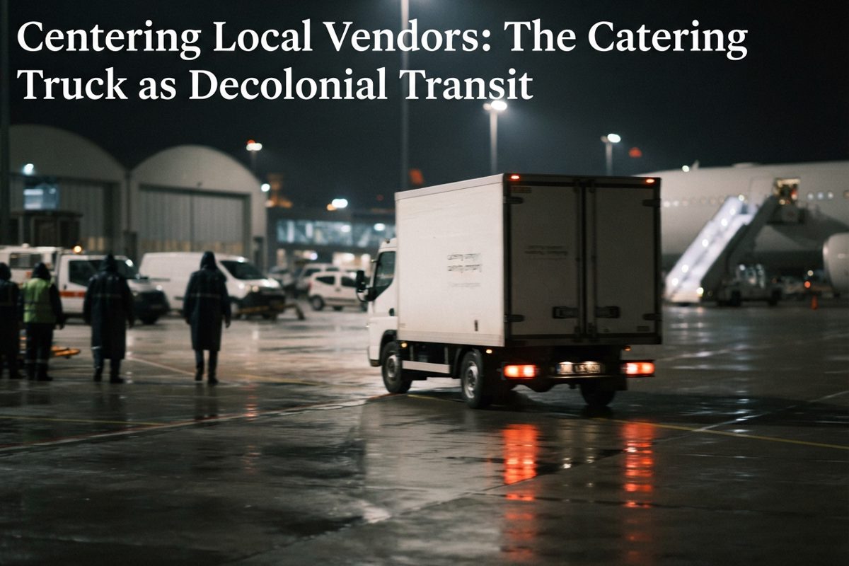 A blurred, long-exposure shot of a simple, boxy food service truck driving away from an airport at night, its taillights streaking red across the wet pavement.