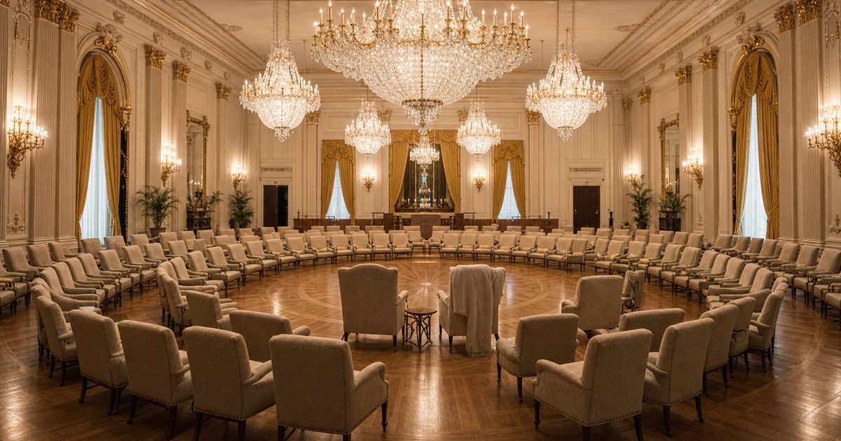 A wide editorial news photograph of an ornate government ballroom prepared with concentric circles of upholstered chairs, chandeliers glowing overhead, no.