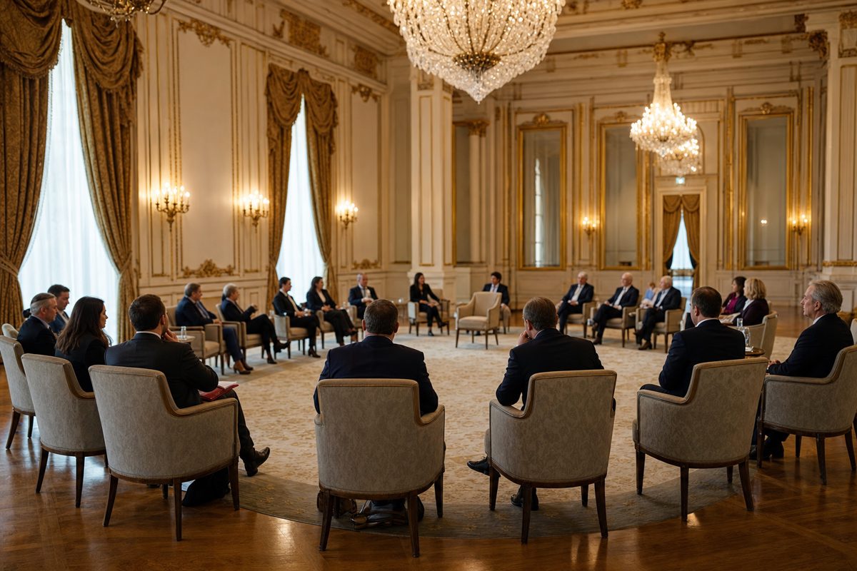 A documentary-style photograph of anonymous suited officials seated in a formal discussion circle inside a grand ceremonial room, photographed from behind with.