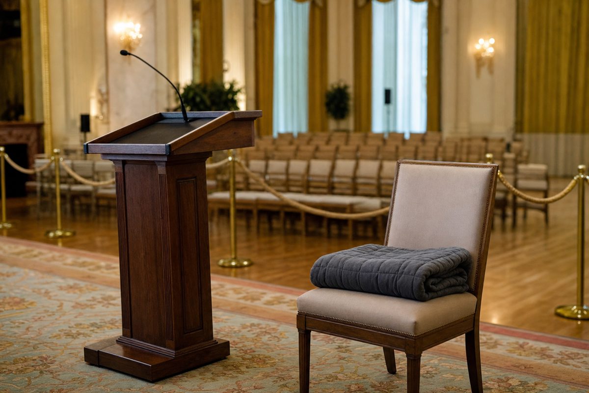 A quiet press photograph of an empty chair with a folded weighted blanket beside a wooden lectern in an elegant government meeting room, soft evening light, no.