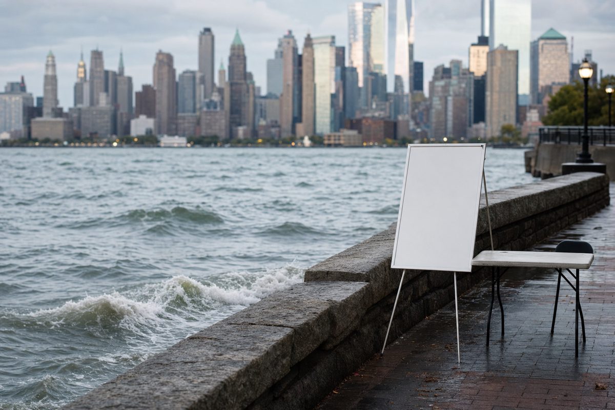 Telephoto news photograph of small waves approaching a stone seawall in New York Harbor, a blank temporary notice board and an unattended folding table nearby.