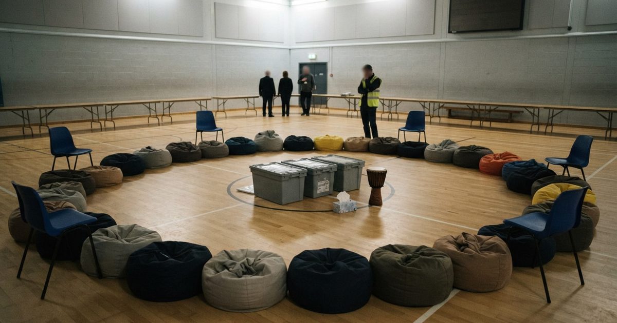Interior of a British leisure centre sports hall at night, harsh fluorescent lighting, a wide circle of beanbags and plastic chairs arranged around three.