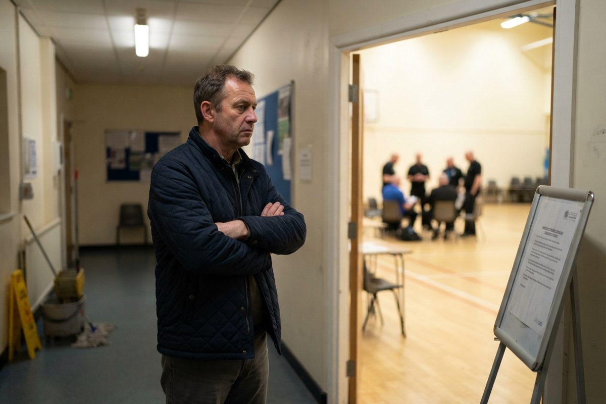 A tired middle-aged man in a rosette-less blue jacket standing in a leisure centre corridor beside a laminated sign on an easel, arms folded, looking through a.