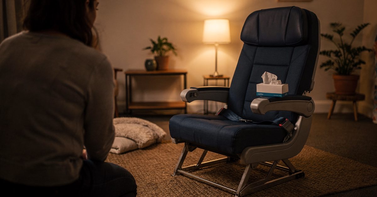 Mid-shot in warm evening lamplight inside a small community wellness studio, a facilitator seen from behind at shoulder height kneeling beside a single.
