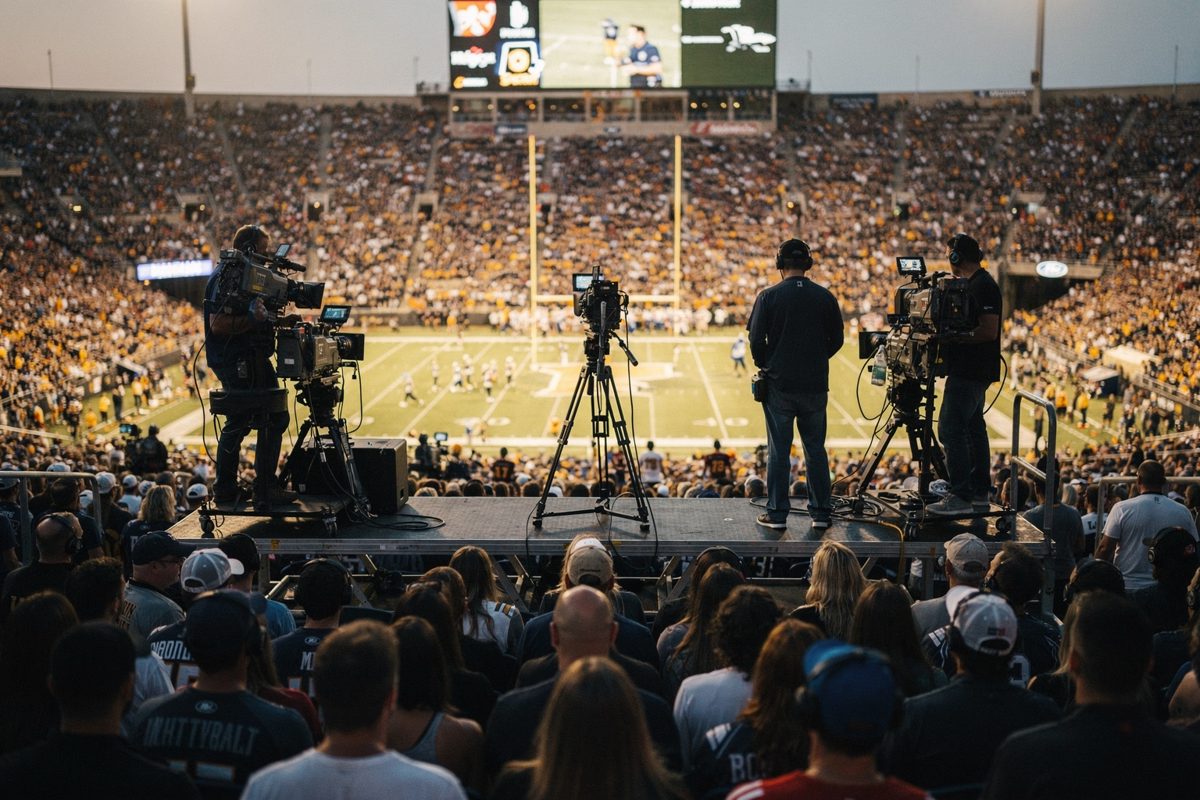Wide shot from the upper stands of a college football stadium at dusk under switched-on floodlights, the crowd a mass of backs and shoulders facing the field.
