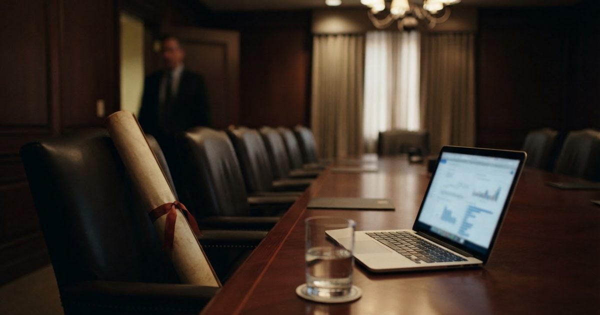 A dim wood-paneled conference room where a rolled, aged parchment document rests on a leather chair at a long table, positioned as if attending a meeting; an.