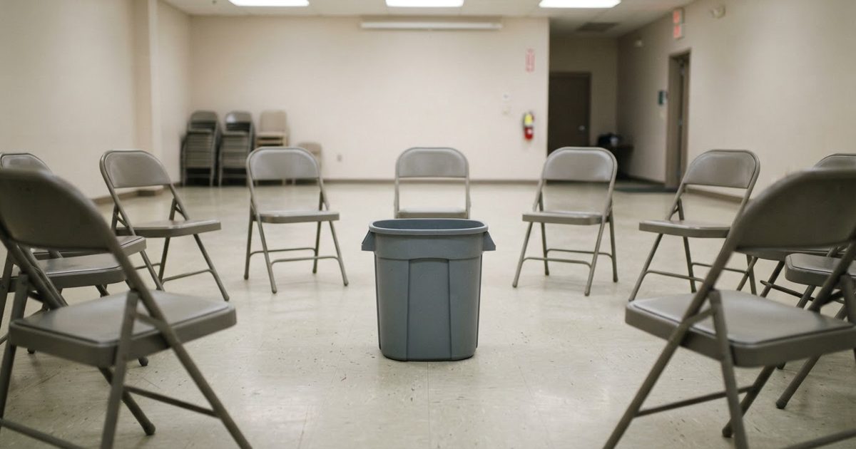 A close-up shot of an empty, grey plastic recycling bin sitting alone in the center of a sterile, brightly lit community hall, surrounded by empty folding.