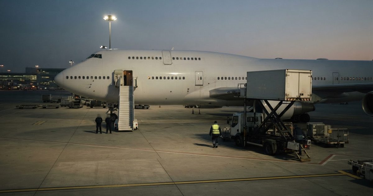 A wide, moody shot of a commercial airport tarmac at dusk. A massive, generic jumbo jet sits illuminated under floodlights with its front boarding stairs.