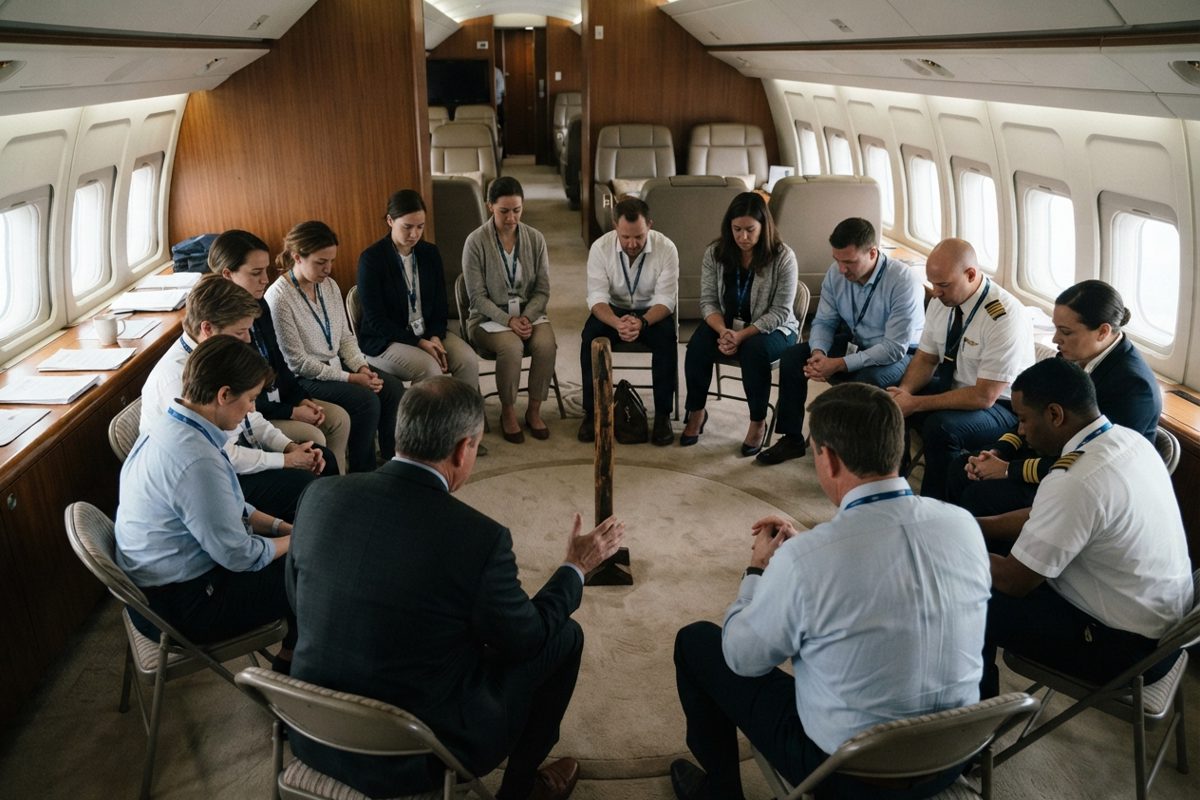 A diverse group of people sitting in a circle of folding chairs inside a large, luxurious aircraft cabin, looking solemnly at a large wooden talking stick.