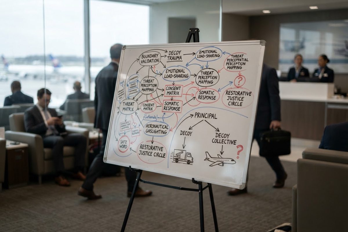 A sterile white presentation board on an easel in an airport lounge, covered in complex diagrams with therapy terms like 'Boundary Validation' and 'Decoy.