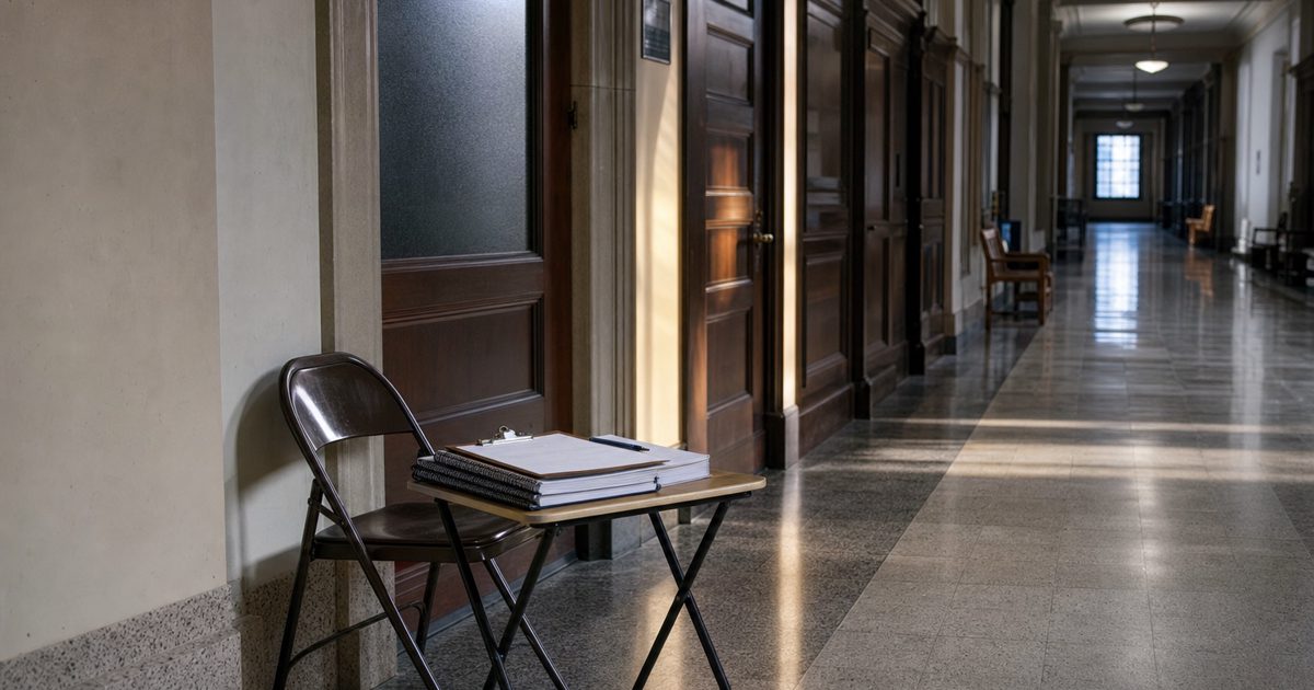 A serious editorial news photograph of an empty university law school corridor outside a closed admissions office, with a folding chair, clipboard and neatly.