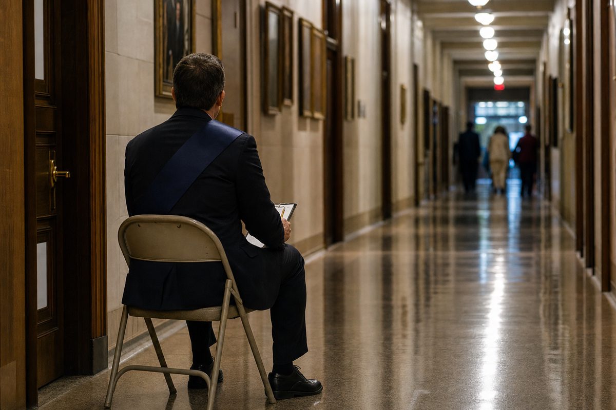 A documentary-style photograph of a generic federal employee seen from behind sitting on a folding chair in a polished academic hallway, wearing a plain navy.