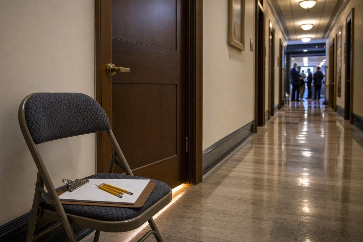 An evening news photograph of a quiet university administration hallway with warm office light beneath a closed wooden door, an unattended folding chair and.