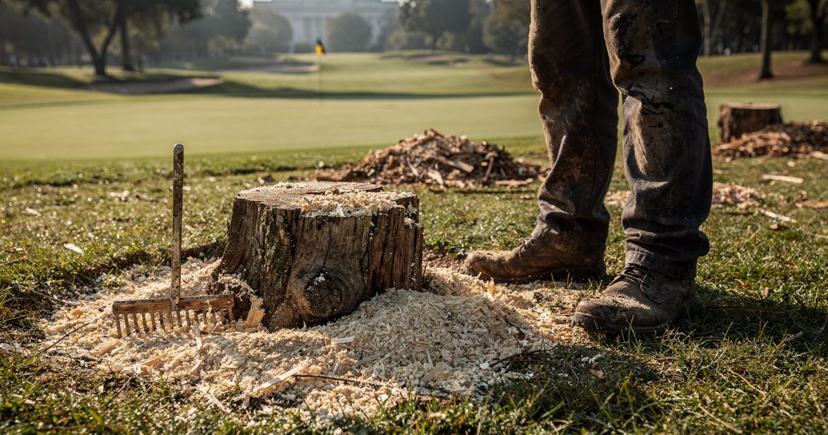 Ground-level close shot on a sunny morning at a municipal golf course fairway, a groundskeeper seen from the knees down in muddy work boots standing beside a.