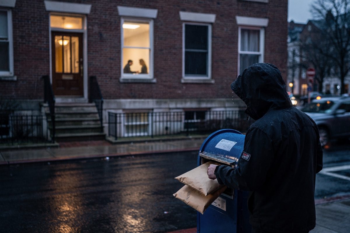 Wide shot at blue-hour dusk on a rain-slicked Washington sidewalk outside a brick think-tank townhouse, a courier seen from behind feeding two bulky padded.