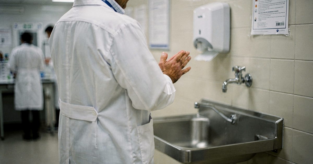 A bright, sterile laboratory in the early morning where a scientist in a white coat stands facing a stainless steel sink with hands pressed together in a.