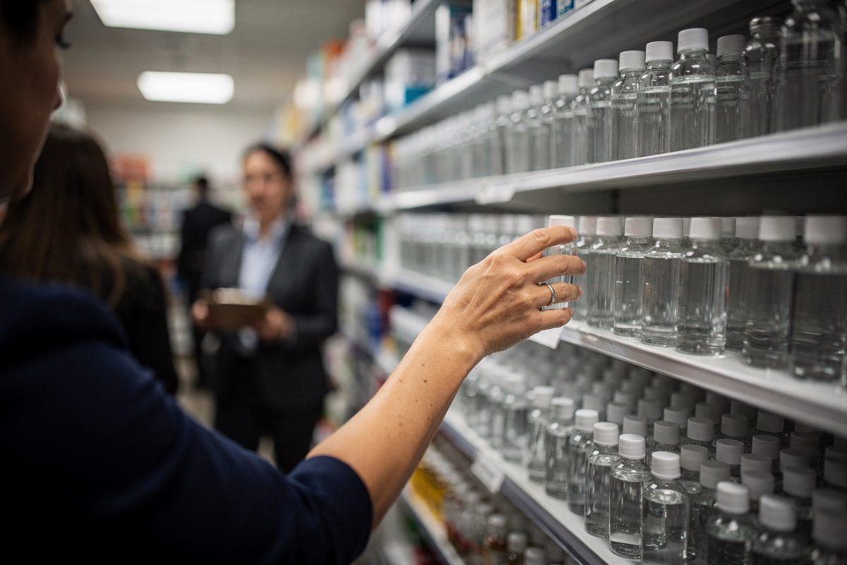 Fluorescent lights illuminate a crowded pharmacy aisle as a customer's hand reaches toward a shelf stocked entirely with small glass vials of clear water.